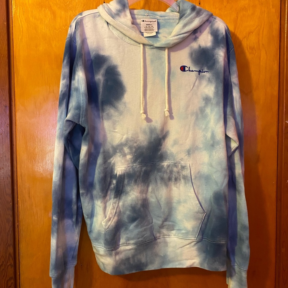 Blue tie dyed Champion Hoodie size small